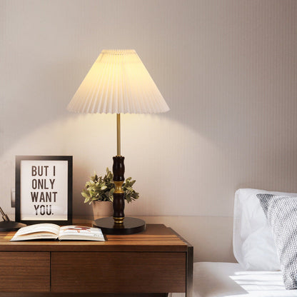 Traditional French Cylinder Cone Stripe Pleated Fabric Shade Solid Wood Metal 1-Light Table Lamp For Bedroom