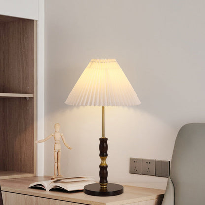 Traditional French Cylinder Cone Stripe Pleated Fabric Shade Solid Wood Metal 1-Light Table Lamp For Bedroom