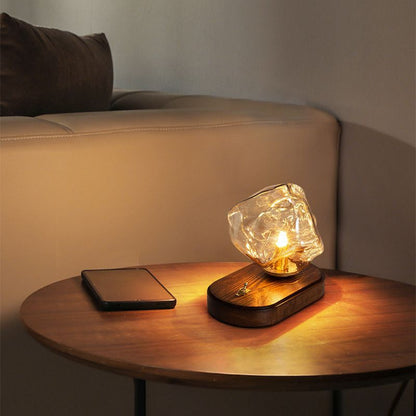 Modern Art Deco Solid Wood Oval Base Ice Cube Shape Glass Shade 1-Light Table Lamp For Bedroom