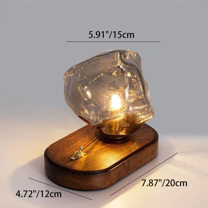 Modern Art Deco Solid Wood Oval Base Ice Cube Shape Glass Shade 1-Light Table Lamp For Bedroom