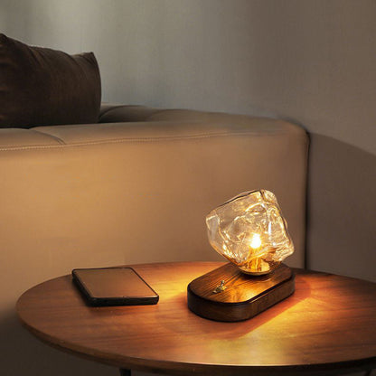 Modern Art Deco Solid Wood Oval Base Ice Cube Shape Glass Shade 1-Light Table Lamp For Bedroom