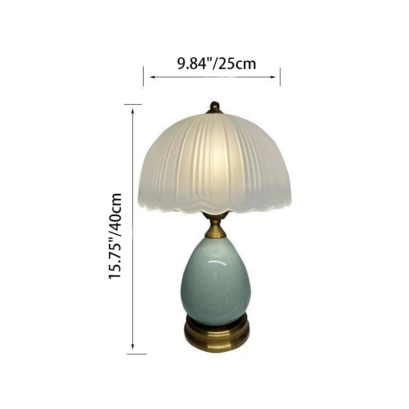 Traditional European Lace Half Round Dome Glass Shade Ceramic Teardrop Base 1-Light Table Lamp For Bedroom