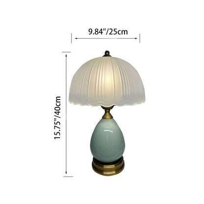Traditional European Lace Half Round Dome Glass Shade Ceramic Teardrop Base 1-Light Table Lamp For Bedroom