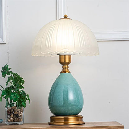 Traditional European Lace Half Round Dome Glass Shade Ceramic Teardrop Base 1-Light Table Lamp For Bedroom