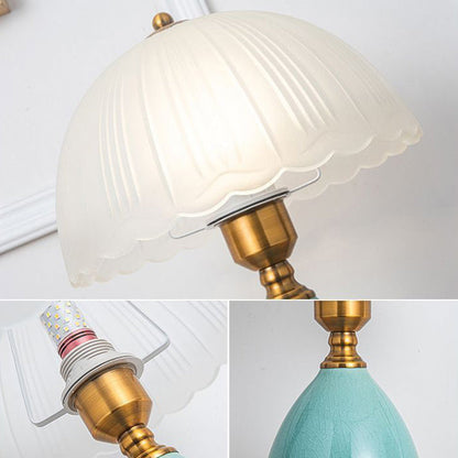 Traditional European Lace Half Round Dome Glass Shade Ceramic Teardrop Base 1-Light Table Lamp For Bedroom