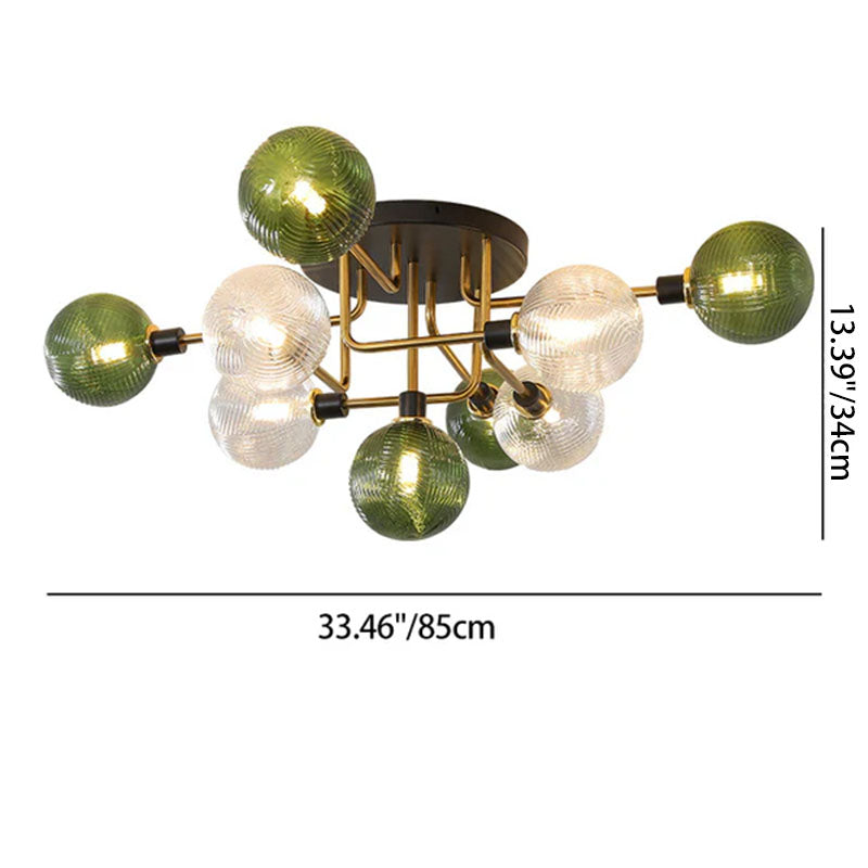 Contemporary Scandinavian Iron Glass Spherical 5/9-Light Semi-Flush Mount Ceiling Light For Living Room, Bedroom Or Entrance Hallway