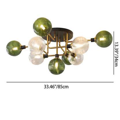 Contemporary Scandinavian Iron Glass Spherical 5/9-Light Semi-Flush Mount Ceiling Light For Living Room, Bedroom Or Entrance Hallway