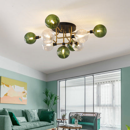 Contemporary Scandinavian Iron Glass Spherical 5/9-Light Semi-Flush Mount Ceiling Light For Living Room, Bedroom Or Entrance Hallway
