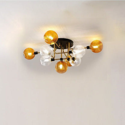 Contemporary Scandinavian Iron Glass Spherical 5/9-Light Semi-Flush Mount Ceiling Light For Living Room, Bedroom Or Entrance Hallway