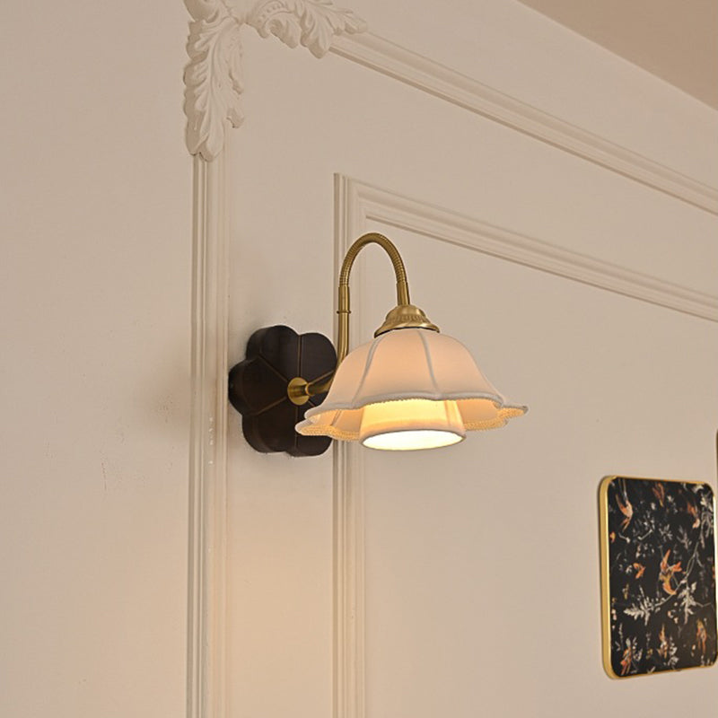 Traditional French Iron Fabric Ash Petal-Shaped 1-Light Wall Sconce Lamp For Bedroom