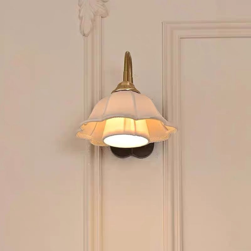 Traditional French Iron Fabric Ash Petal-Shaped 1-Light Wall Sconce Lamp For Bedroom
