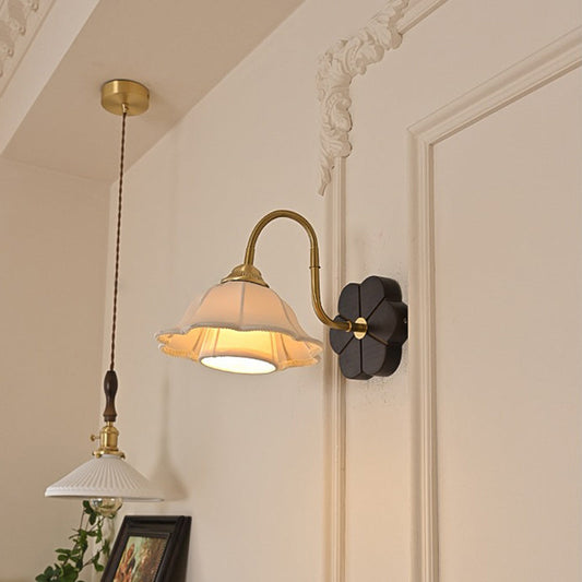 Traditional French Iron Fabric Ash Petal-Shaped 1-Light Wall Sconce Lamp For Bedroom