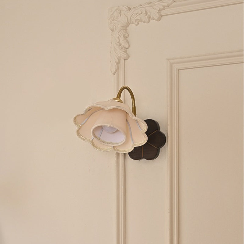 Traditional French Iron Fabric Ash Petal-Shaped 1-Light Wall Sconce Lamp For Bedroom