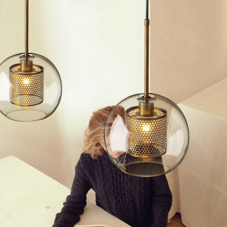 Contemporary Scandinavian Round Long Convex Ball Glass Iron 1-Light Pendant Light For Bedroom