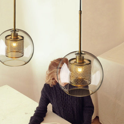 Contemporary Scandinavian Round Long Convex Ball Glass Iron 1-Light Pendant Light For Bedroom