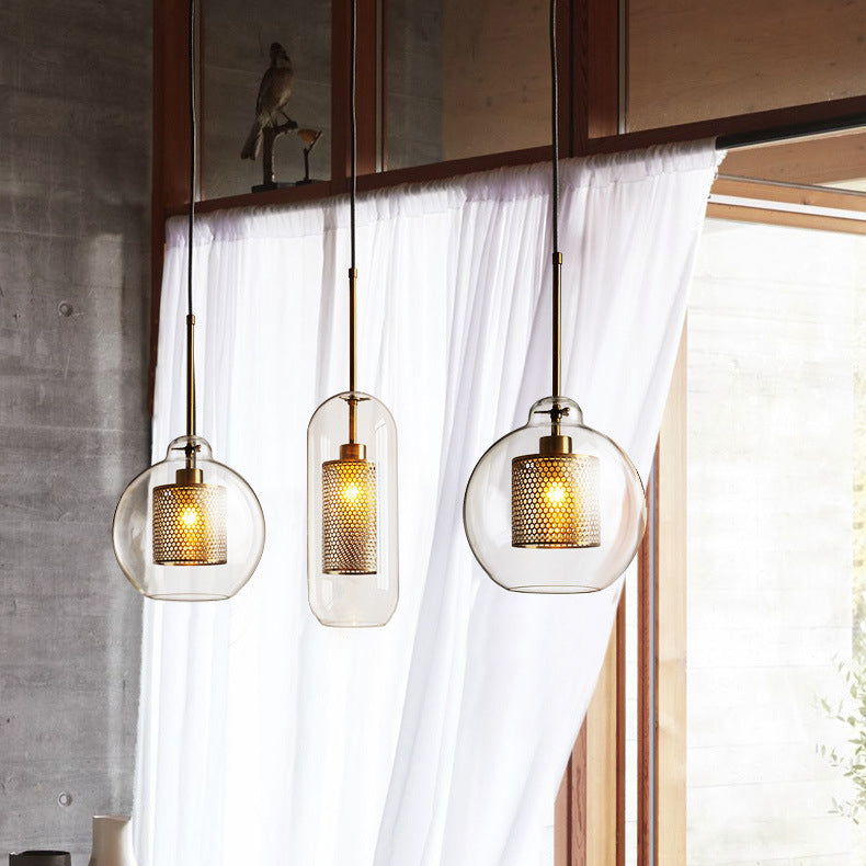Contemporary Scandinavian Round Long Convex Ball Glass Iron 1-Light Pendant Light For Bedroom