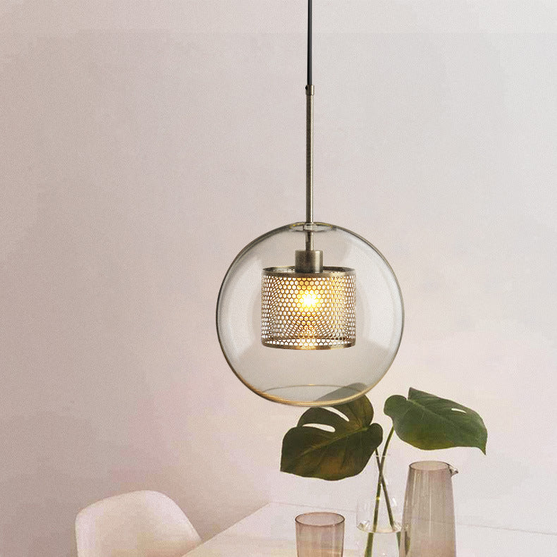 Contemporary Scandinavian Round Long Convex Ball Glass Iron 1-Light Pendant Light For Bedroom