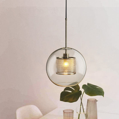 Contemporary Scandinavian Round Long Convex Ball Glass Iron 1-Light Pendant Light For Bedroom