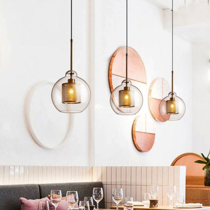Contemporary Scandinavian Round Long Convex Ball Glass Iron 1-Light Pendant Light For Bedroom