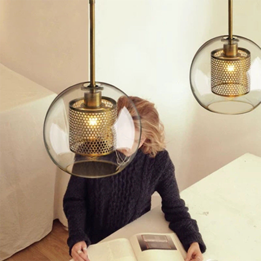 Contemporary Scandinavian Round Long Convex Ball Glass Iron 1-Light Pendant Light For Bedroom