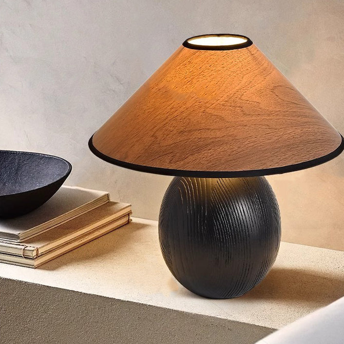 Traditional Vintage Round Conical Jar Base Solid Wood 1-Light Table Lamp For Bedroom