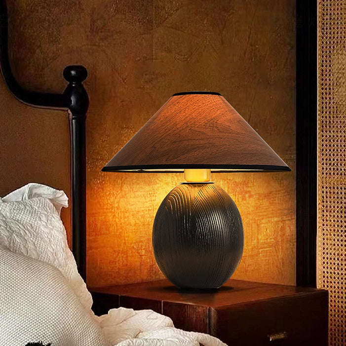 Traditional Vintage Round Conical Jar Base Solid Wood 1-Light Table Lamp For Bedroom