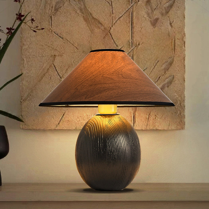 Traditional Vintage Round Conical Jar Base Solid Wood 1-Light Table Lamp For Bedroom