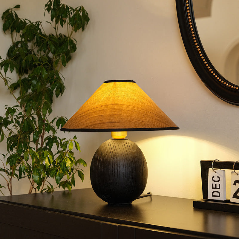 Traditional Vintage Round Conical Jar Base Solid Wood 1-Light Table Lamp For Bedroom