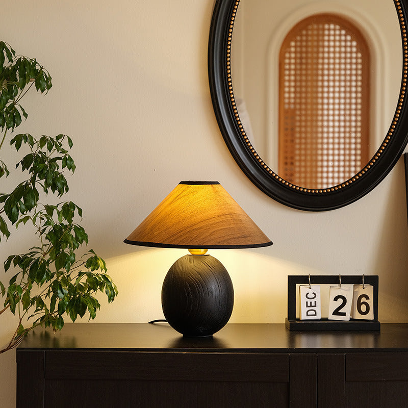Traditional Vintage Round Conical Jar Base Solid Wood 1-Light Table Lamp For Bedroom