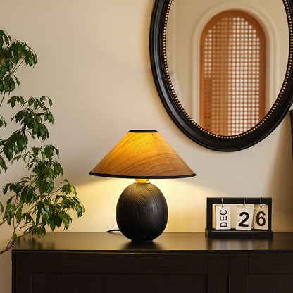 Traditional Vintage Round Conical Jar Base Solid Wood 1-Light Table Lamp For Bedroom