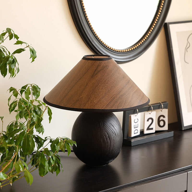 Traditional Vintage Round Conical Jar Base Solid Wood 1-Light Table Lamp For Bedroom