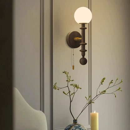 Traditional French Column Wood Glass 1-Light Wall Sconce Lamp For Living Room