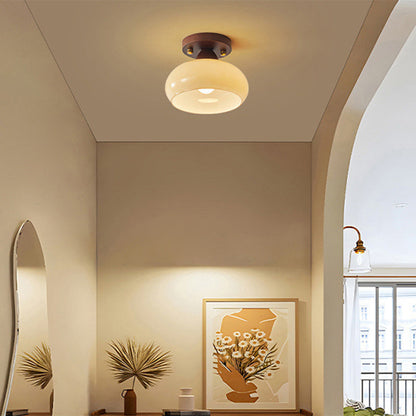 Traditional Vintage Dome Iron Wood Glass 1-Light Semi-Flush Mount Ceiling Light For Living Room