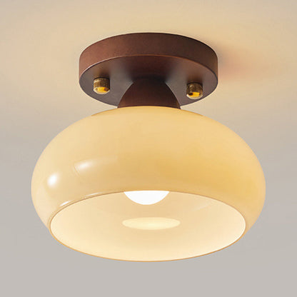 Traditional Vintage Dome Iron Wood Glass 1-Light Semi-Flush Mount Ceiling Light For Living Room
