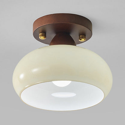 Traditional Vintage Dome Iron Wood Glass 1-Light Semi-Flush Mount Ceiling Light For Living Room