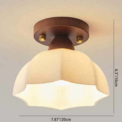 Traditional Vintage Dome Iron Wood Glass 1-Light Semi-Flush Mount Ceiling Light For Living Room
