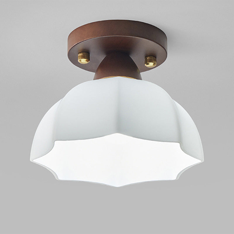 Traditional Vintage Dome Iron Wood Glass 1-Light Semi-Flush Mount Ceiling Light For Living Room