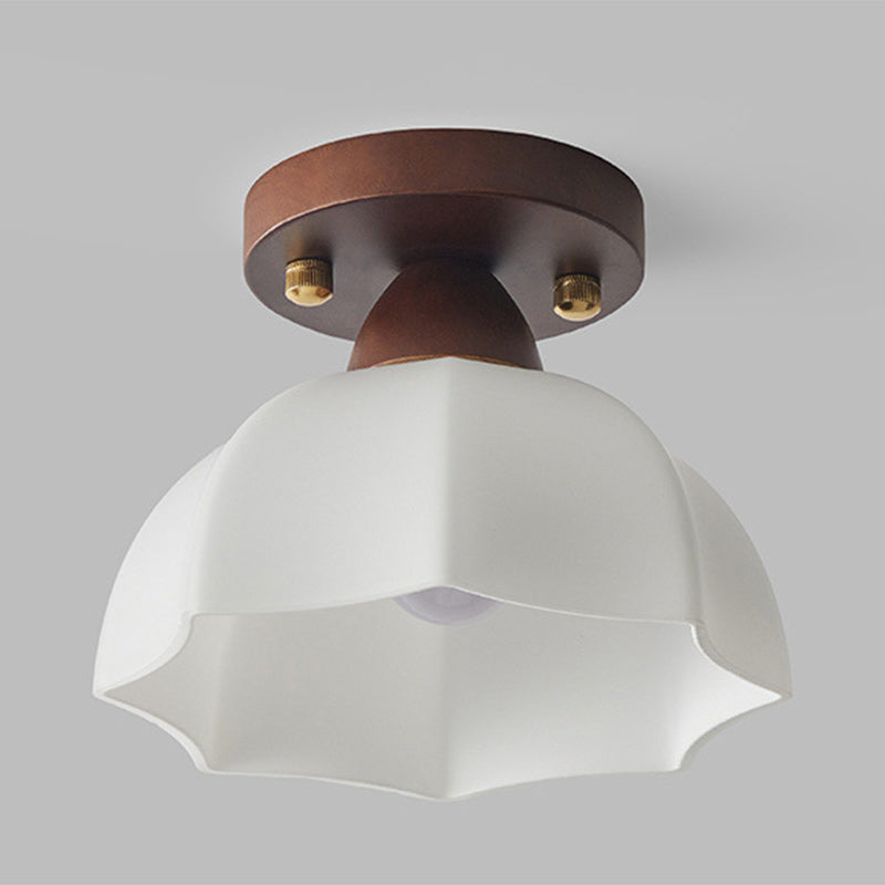 Traditional Vintage Dome Iron Wood Glass 1-Light Semi-Flush Mount Ceiling Light For Living Room