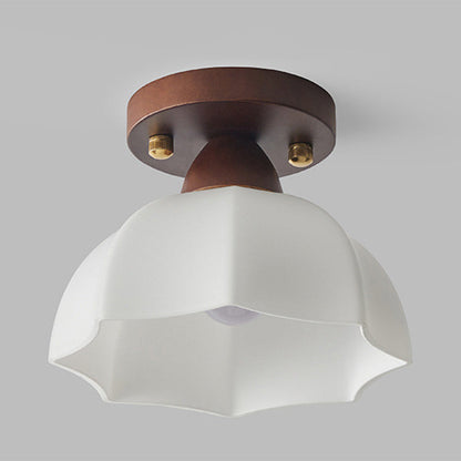 Traditional Vintage Dome Iron Wood Glass 1-Light Semi-Flush Mount Ceiling Light For Living Room