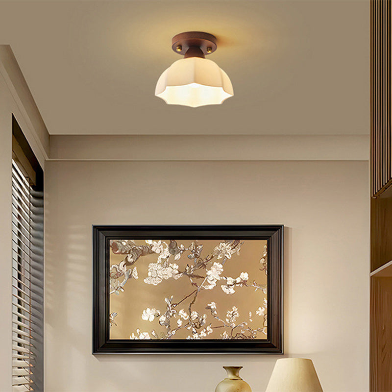 Traditional Vintage Dome Iron Wood Glass 1-Light Semi-Flush Mount Ceiling Light For Living Room