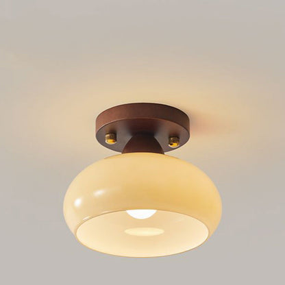 Traditional Vintage Dome Iron Wood Glass 1-Light Semi-Flush Mount Ceiling Light For Living Room