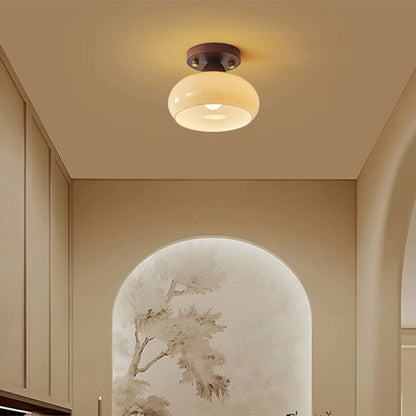 Traditional Vintage Dome Iron Wood Glass 1-Light Semi-Flush Mount Ceiling Light For Living Room