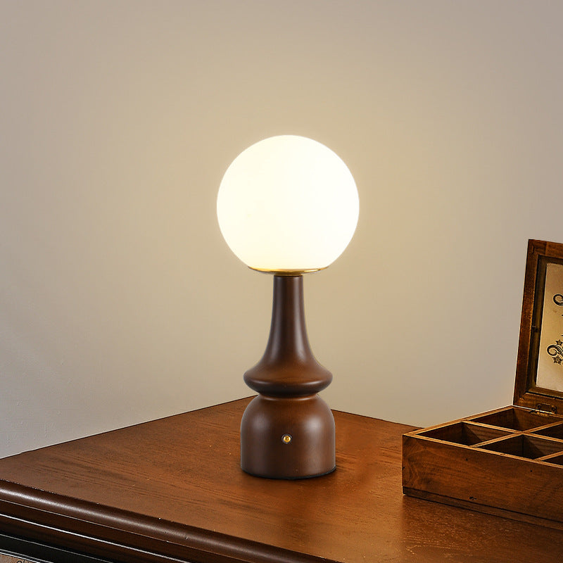 Traditional Vintage Column Wood Iron Glass LED Table Lamp For Living Room
