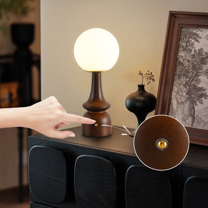 Traditional Vintage Column Wood Iron Glass LED Table Lamp For Living Room