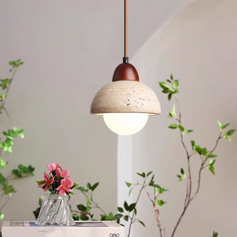 Traditional Chinese Globe Wood Stone 1-Light Pendant Light For Living Room