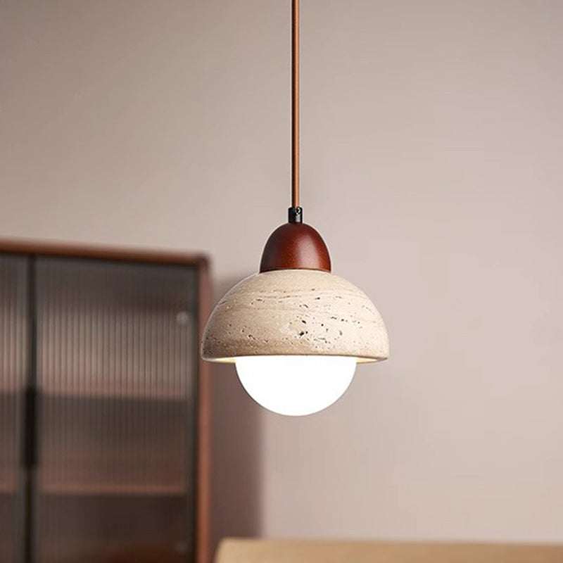 Traditional Chinese Globe Wood Stone 1-Light Pendant Light For Living Room