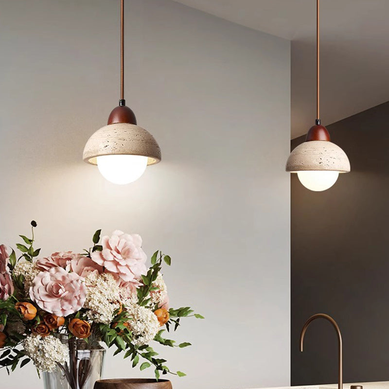 Traditional Chinese Globe Wood Stone 1-Light Pendant Light For Living Room
