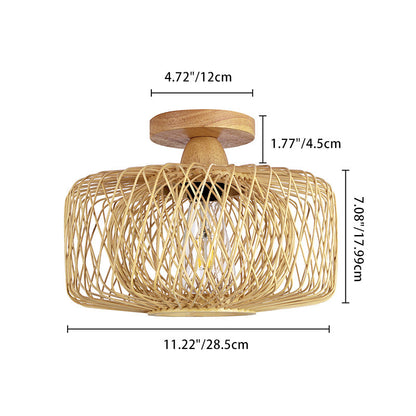 Traditional Chinese Round Wood Rattan 1-Light Semi-Flush Mount Ceiling Light For Living Room