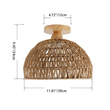 Traditional Japanese Dome Wood Rattan 1-Light Semi-Flush Mount Ceiling Light For Living Room