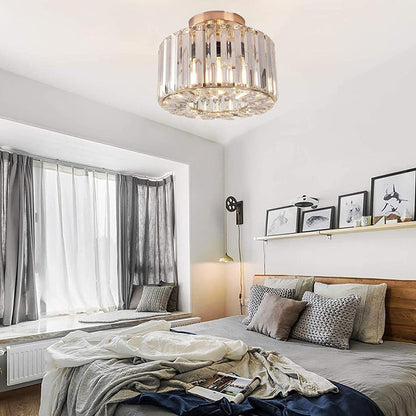 Contemporary Luxury Cylinder Steel Crystal 1-Light Semi-Flush Mount Ceiling Light For Living Room